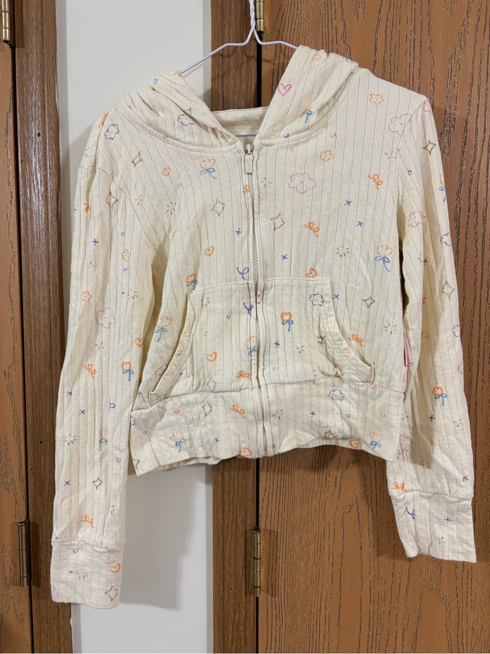 Cream Zip-Up Hoodie with Pastel Floral Print